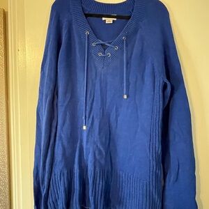 Liz Claiborne Blue V-Neck Sweater with Lace-Up Detail